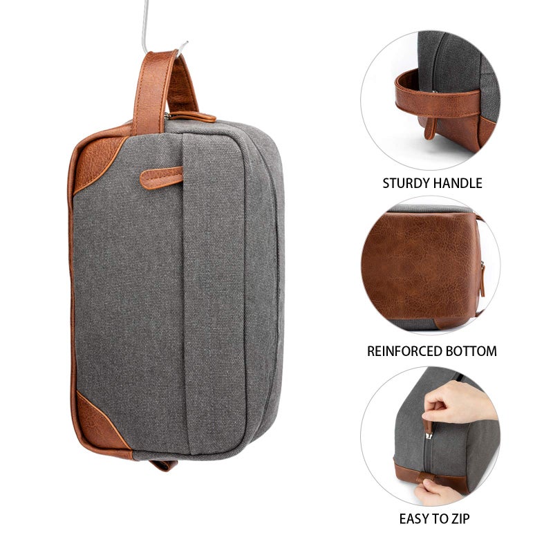 Vorspack Toiletry Bag Hanging Dopp Kit for Men Water Resistant Canvas Shaving Bag with Large Capacity for Travel - Light Grey - Image 3